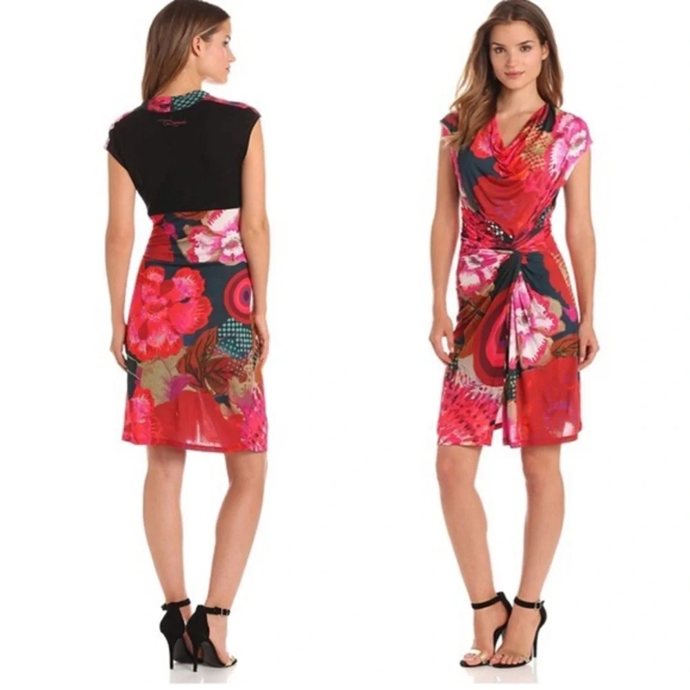 desigual azucena dress floral abstract ruched size large - Picture 1 of 7